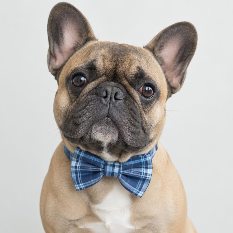 Buldogue francês com gravata borboleta xadrez