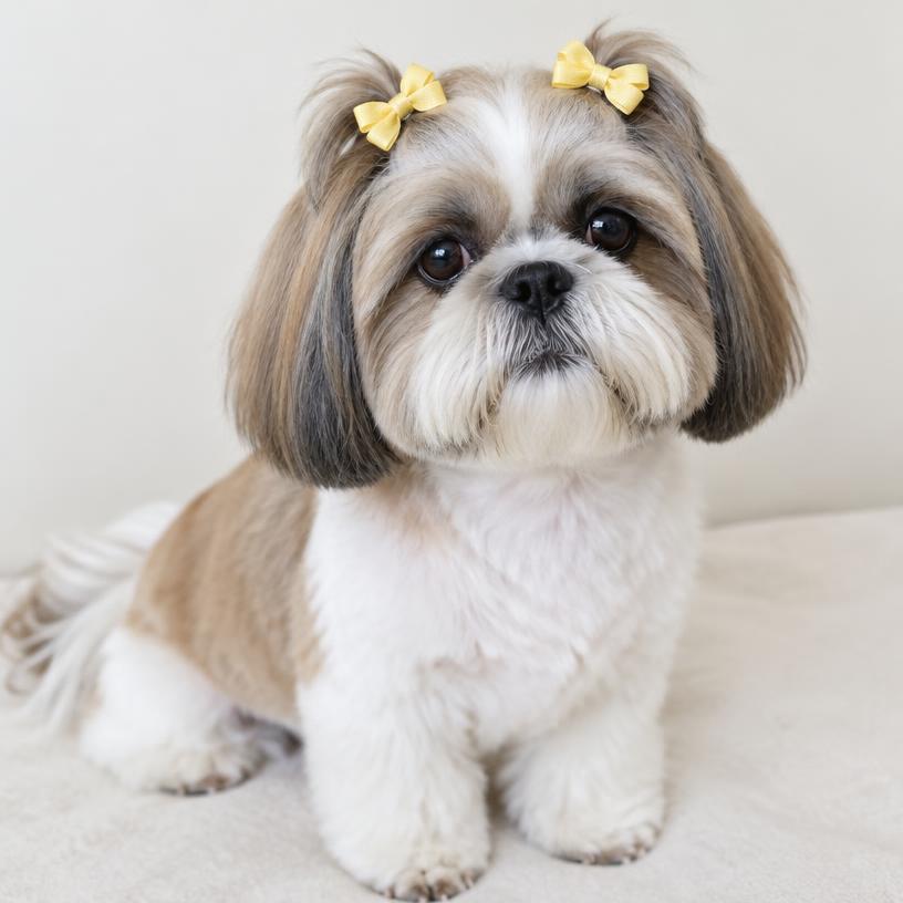 Shih tzu com laços duplos amarelos